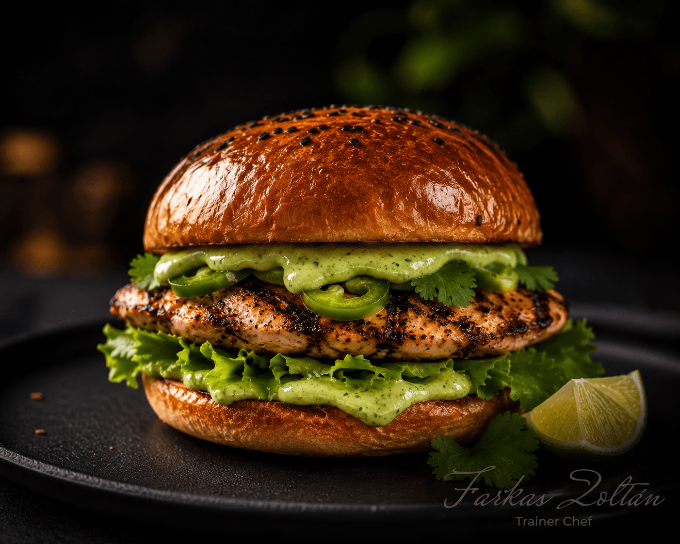 Grillezett csirkeburger salátával, jalapeñóval és zöldfűszeres szósszal.